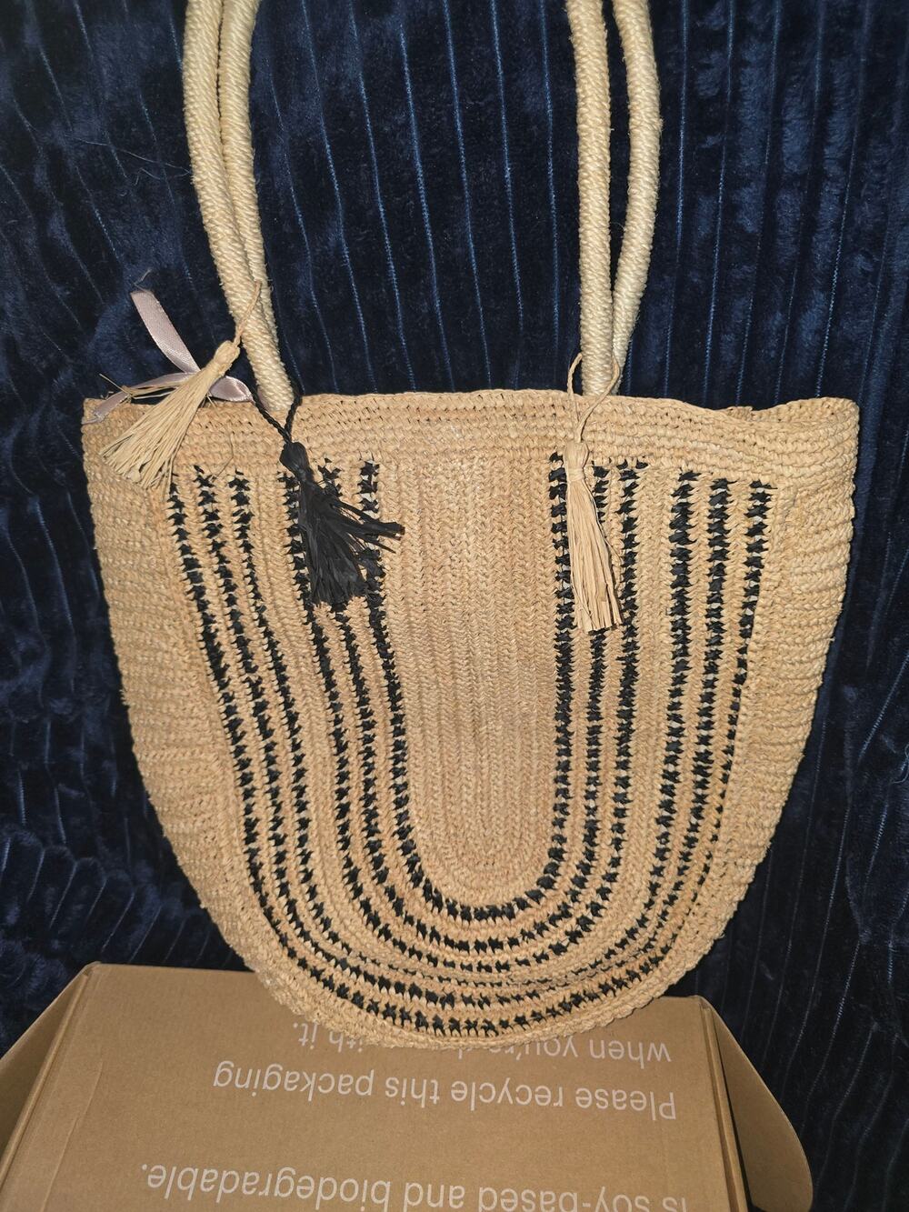 BTB Los Angeles Woven Straw Tote Black Embroidery Lined NWT